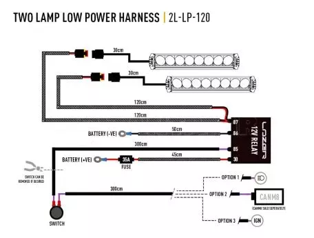 Καλωδίωση δύο προβολέων (χαμηλή ισχύς, 12V) Lazerlamps 