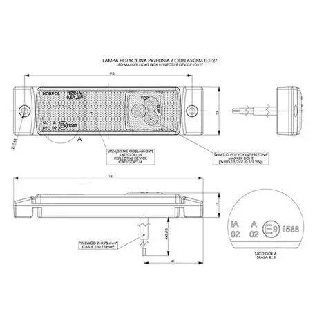 M-tech ΦΩΣ ΟΓΚΟΥ ΑΝΑΚΛΑΣΤΙΚΟ LD127 12/24V 3LED HORPOL ΛΕΥΚΟ (13 x 3  cm) 1ΤΕΜ. WMLHOR127/MT 