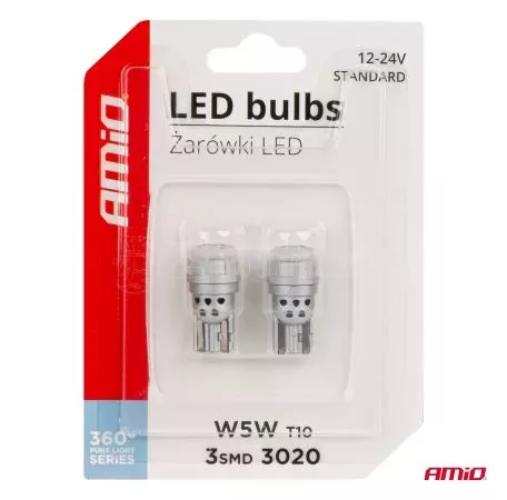 AMIO ΛΑΜΠΑΚΙΑ LED T10 W5W 12/24V 3x3020 SMD LED ΛΕΥΚΟ PURE LIGHT SERIES ΑΜΙΟ - 2 ΤΕΜ. 03725/AM 