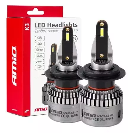 AMIO ΛΑΜΠΕΣ H7 9>16V 6.000K 5.400lm 60W K3 SERIES LED CAN-BUS(ΜΕ ΨΥΚΤΡΑ) AMIO - 2 Τεμ. 03683/ΑΜ 