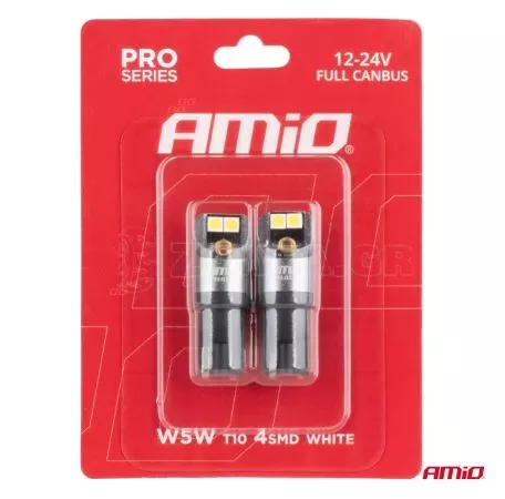 AMIO ΛΑΜΠΑΚΙΑ T10 W5W 12/24V 6.000K 4xSMD LED FULL CAN-BUS ΛΕΥΚΟ 3030 PRO SERIES AMIO - 2 Τεμ. 03580/AM 