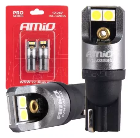 AMIO ΛΑΜΠΑΚΙΑ T10 W5W 12/24V 6.000K 4xSMD LED FULL CAN-BUS ΛΕΥΚΟ 3030 PRO SERIES AMIO - 2 Τεμ. 03580/AM 