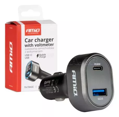 AMIO ΦΟΡΤΙΣΤΗΣ ΑΝΑΠΤΗΡΑ ΜΕ 2 ΘΥΡΕΣ USB-C+USB-A QUICK CHARGE 3.0 30W ΜΕ ΒΟΛΤΟΜΕΤΡΟ ΜΑΥΡΟ AMIO - 1 Τεμ. 04178/AM 