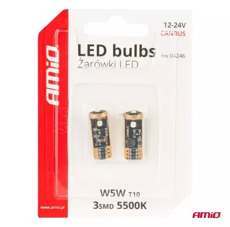 AMIO ΛΑΜΠΑΚΙΑ T10 W5W 12V/24V LED CAN-BUS 3xSMD 3838 ΛΕΥΚΟ 5500K ΑΜΙΟ - 2 ΤΕΜ. 04246/AM 