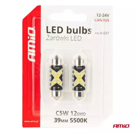 AMIO ΛΑΜΠΑΚΙΑ ΠΛΑΦΟΝΙΕΡΑΣ 39mm 12/24V C5W 5500K 12xSMD 2016 CAN-BUS FESTOON (ΛΕΥΚΟ) ΑΜΙΟ - 2 ΤΕΜ. 04237/AM 