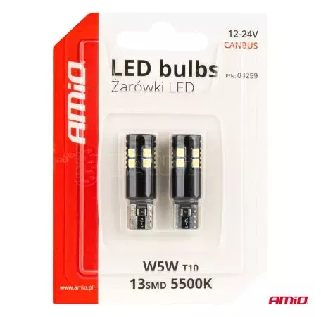 AMIO ΛΑΜΠΑΚΙΑ T10 W5W 12V/24V LED CAN-BUS 13xSMD 3030 ΛΕΥΚΟ 5500K ΑΜΙΟ - 2 ΤΕΜ. 04259/AM 