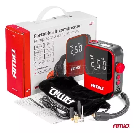 AMIO ΚΟΜΠΡΕΣΕΡ ΑΕΡΑ 7,4V 10bar/150psi 40W ΦΟΡΤΙΣΗ ΜΕ USB / ΜΕ 5 ΑΝΤΑΠΤΟΡΕΣ ΚΑΙ ΨΗΦΙΑΚΗ ΕΝΔΕΙΞΗ AMIO - 1 Τεμ. 03690/AM 