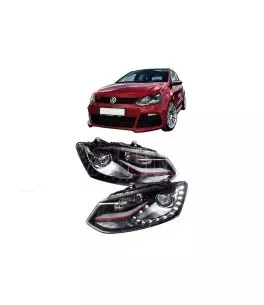 Μπροστινά Φανάρια Set Για Vw Polo 6R/ 6C 09-17 DRL GTI R-Look Μαύρα Με Κόκκινη Γραμμή H7/H7 Με Μοτέρ Carner 