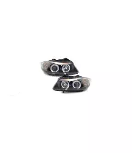 Φανάρια εμπρός angel eyes για BMW E90 (2005-2008) - μαύρα , με λάμπες (Η1) - σετ 2τμχ. 