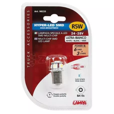 Lampa R5W 24V BA15s HYPER-LED18 ΛΕΥΚΟ 6SMDx3chips (ΜΟΝΟΠΟΛΙΚΟ-ΦΟΥΝΤΟΥΚΙ) ΣΑΚΟΥΛΑ 20ΤΕΜ. L9823.4 