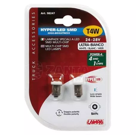 Lampa T4W BA9s 24V HYPER-LED4 ΛΕΥΚΟ ΔΙΑΘΛΑΣΗΣ 4SMDx1chips (ΜΟΝΟΠΟΛΙΚΟ) ΣΑΚΟΥΛΑ 20ΤΕΜ. L9824.8 