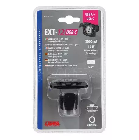 Lampa ΠΡΙΖΑ ΑΝΑΠΤΗΡΑ ΜΕ ΚΑΠΑΚΙ ΚΑΙ 2 ΘΥΡΕΣ USB (A+C) 12/24V 3000mA 15W ΜΑΥΡΗ FAST CHARGE LAMPA - 1 TEM. L3912.0 