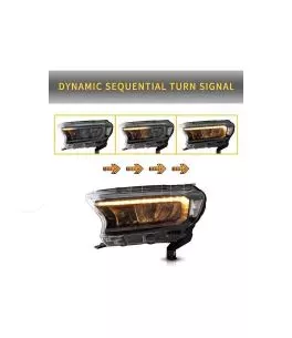 Μπροστινά Φανάρια Set Για Ford Ranger 15-20 DRL Dynamic Μαύρα Full Led Με Μοτέρ VLand 