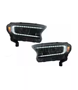 Μπροστινά Φανάρια Set Για Ford Ranger 15-20 DRL Dynamic Μαύρα Full Led Με Μοτέρ VLand 