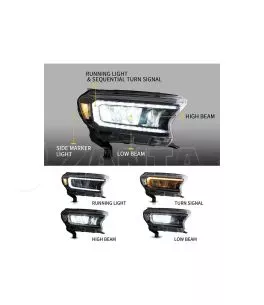 Μπροστινά Φανάρια Set Για Ford Ranger 15-20 DRL Dynamic Μαύρα Full Led Με Μοτέρ VLand 