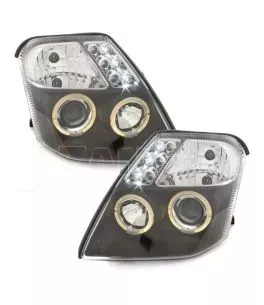 Φανάρια εμπρός angel eyes με led για Citroen C2 (2003-2008) - μαύρα , με λάμπες (Η1) - σετ 2τμχ. 