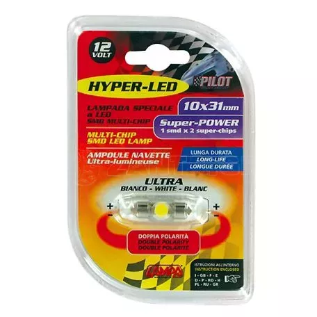 Lampa ΛΑΜΠΑΚΙ ΠΛΑΦΟΝΙΕΡΑΣ 12V 10x31mm ΔΙΑΘΛΑΣΗΣ HYPER-LED2 ΛΕΥΚΟ 1SMDx2chips 1ΤΕΜ. 5844.7-LM 