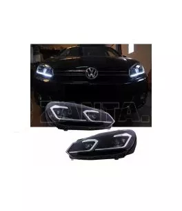 Μπροστινά Φανάρια Set Για Vw Golf VI (6) 08-12 DRL & Led Signal Dynamic Look Golf 7,5 Μαύρα Με ασημί Γραμμή H7 Με Μοτέρ Carner 