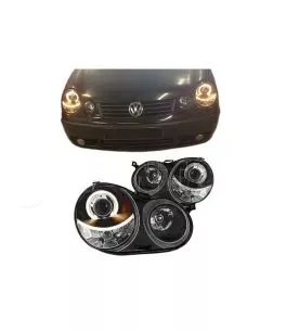 Μπροστινά Φανάρια Set Για Vw Polo 9N 01-05 Angel Eyes Μαύρα H7/H7 Με Μοτέρ Depo 